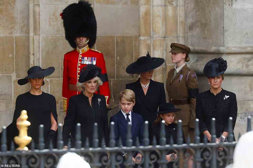 The Duchess of Sussex, Queen Consort, the Princess of Wales and the Countess of Wessex looked serious as they watched the Queen's coffin depart the Abbey
