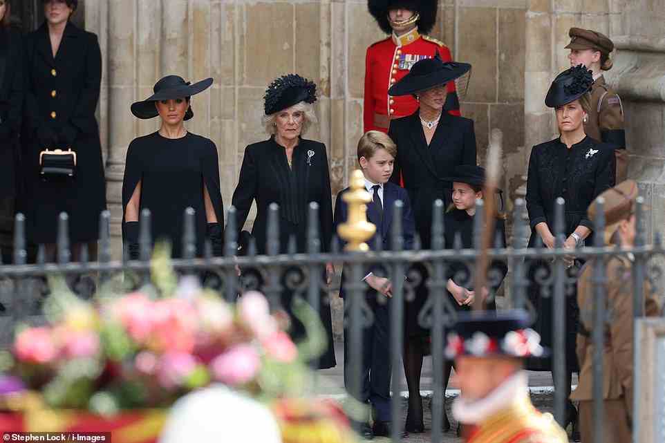 Looking poised, Camilla was a supportive figure for the younger members of the Royal Family who attended the state funeral today