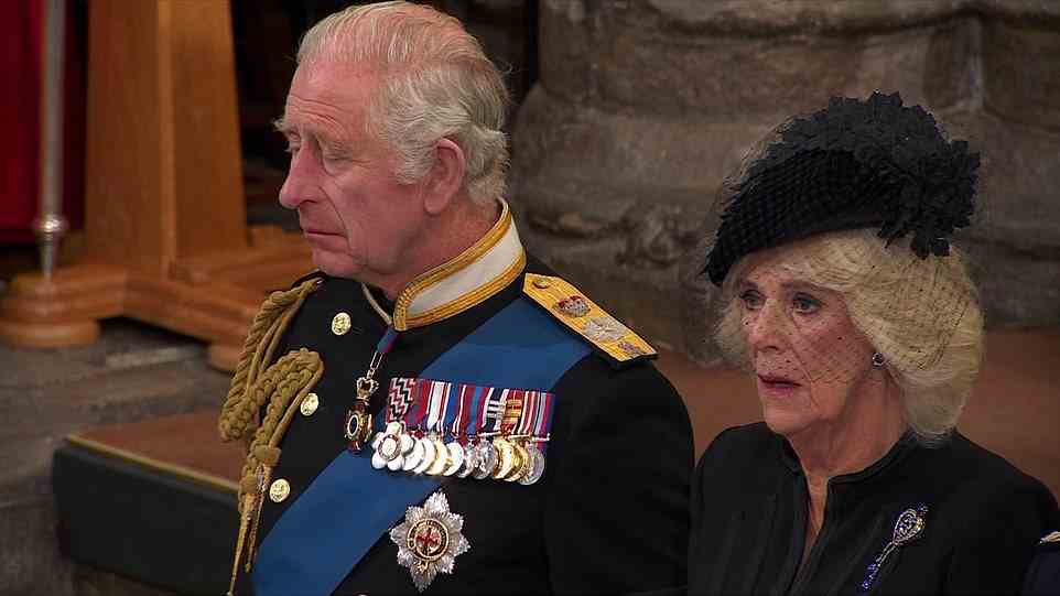 King Charles III appeared visibly moved as the funeral assembly, including his wife, began to sing God Save the King during the funeral of his mother