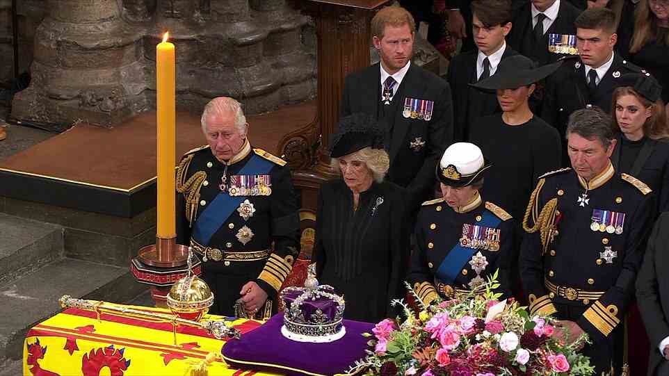 Members of the royal family looked distraught during the Queen's state farewell at Westminster Abbey, with the King fighting back tears