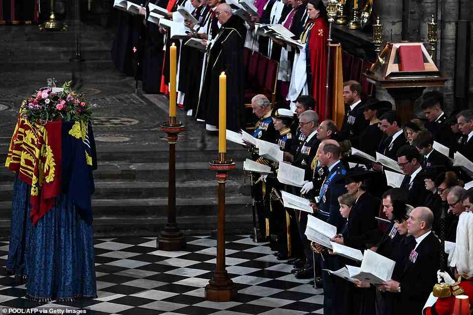 The royal family were sat directly facing the Queen's coffin in the nave as they bid a final farewell to their Matriarch this morning