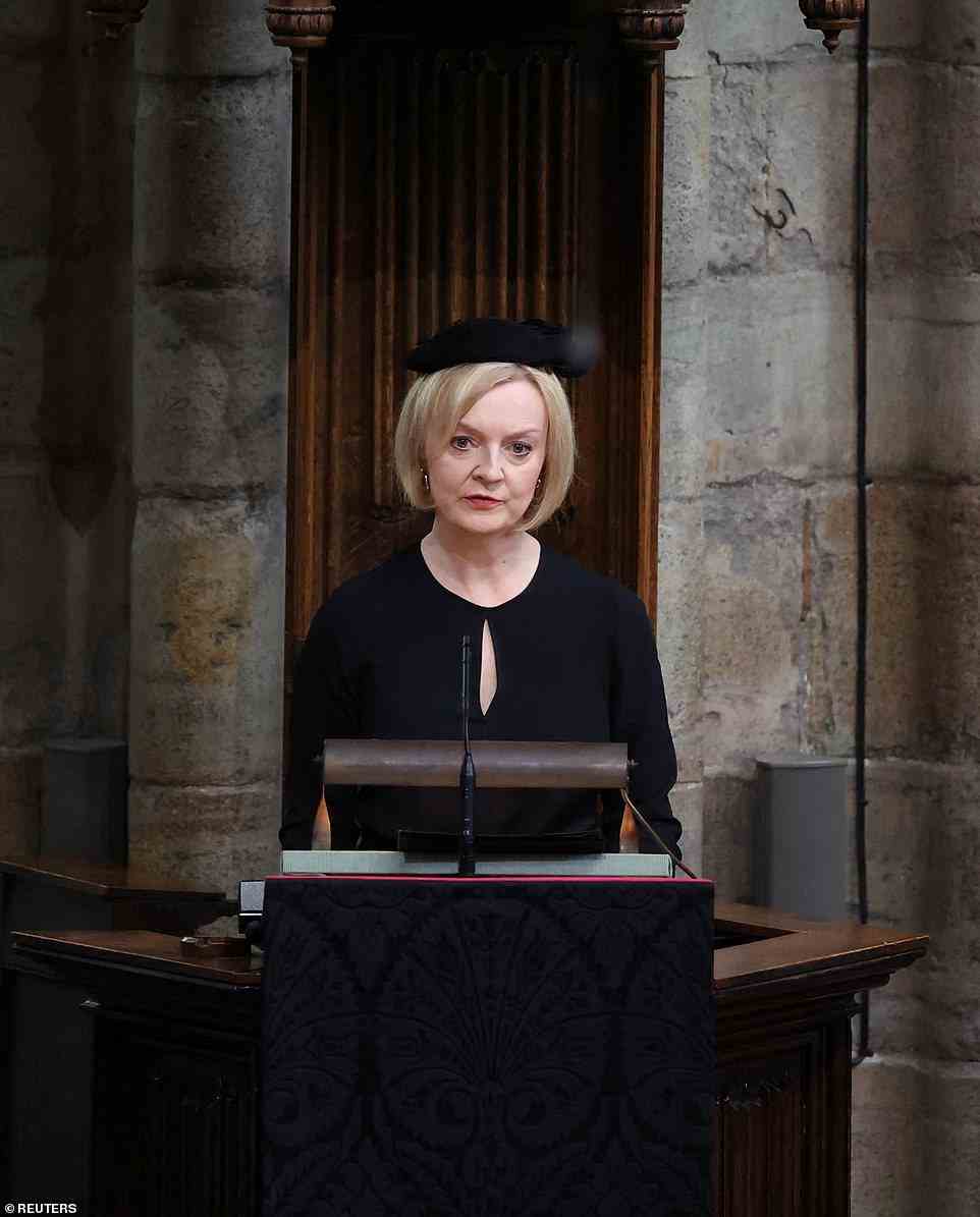 Newly elected Prime Minister Liz Truss addressed the congregation during the Queen's state funeral at Westminster Abbey this morning