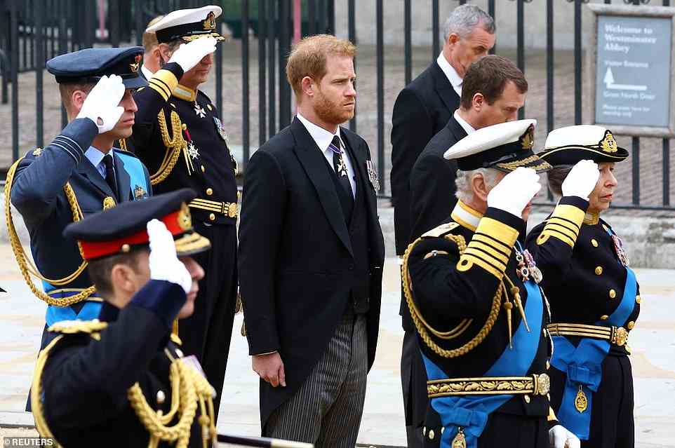 Prince William, Prince Harry, Peter Phillips, King Charles III, Princess Anne, Prince Edward and Prince Andrew followed on foot behind the Monarch's coffin as it made its way to Westminster Abbey