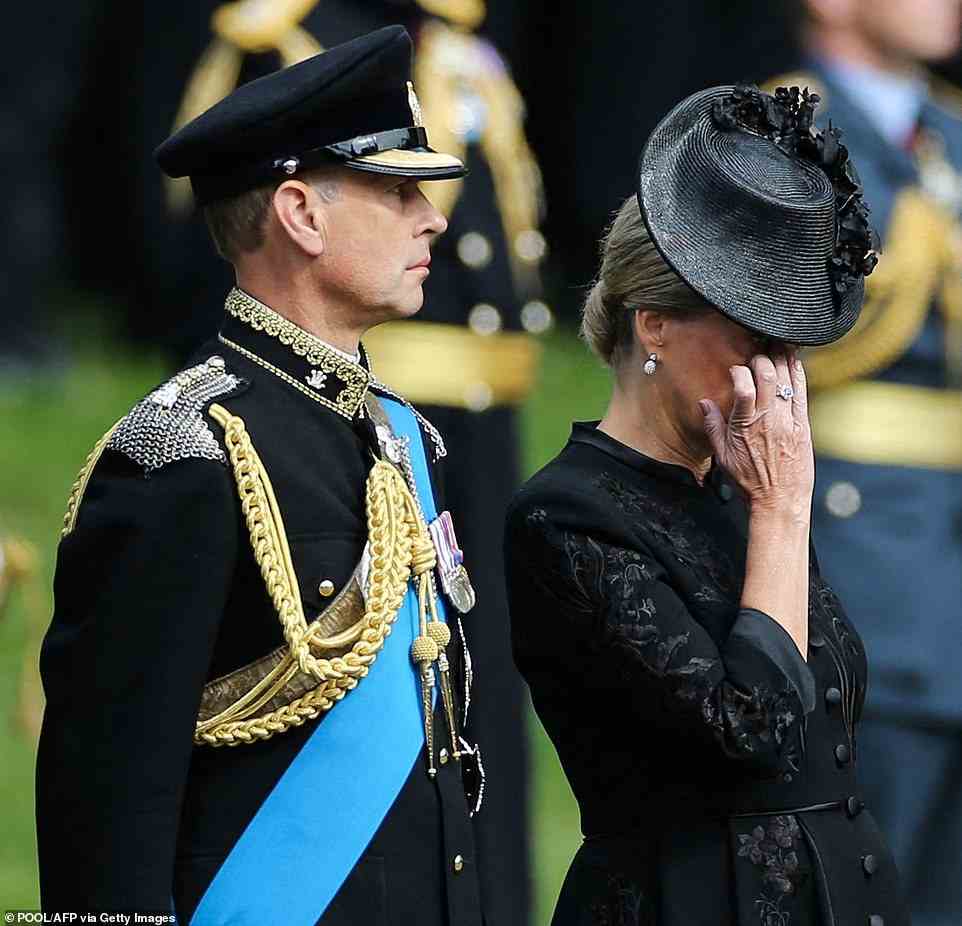 Sophie Wessex wipes a tear from her eye as she watches the Bearer Party transferring the coffin of Queen Elizabeth II, draped in the Royal Standard, form the State Gun Carriage of the Royal Navy into the State Hearse at Wellington Arch