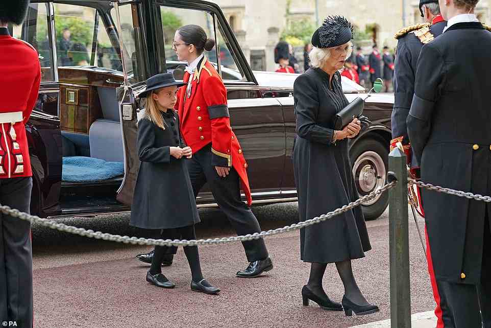 Princess Charlotte followed the Queen Consort into St George's Chapel ahead of the Committal Service on Monday evening