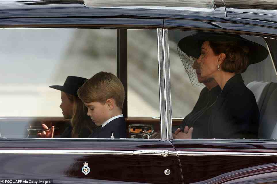 The Princess of Wales and the Queen Consort sat behind Prince George and Princess Charlotte as they left the Abbey