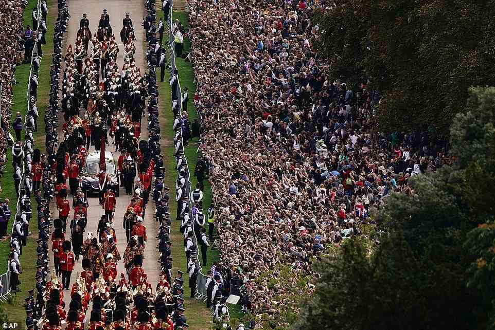 The Ceremonial Procession of the coffin of Queen Elizabeth II travels down the Long Walk