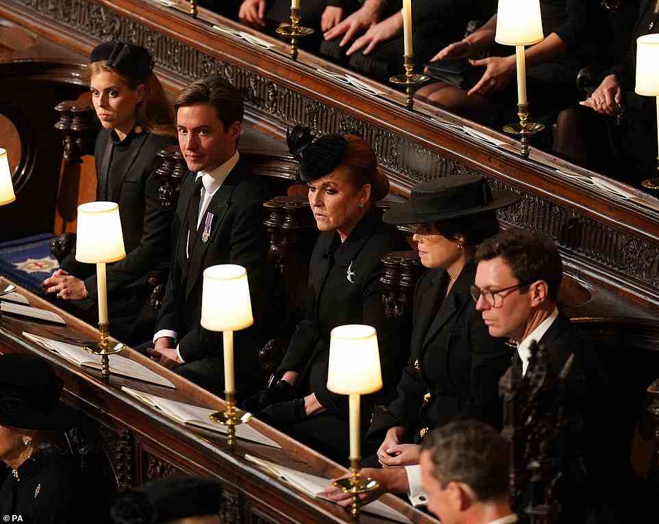 rincess Beatrice, Edoardo Mapelli Mozzi, Sarah, Duchess of York, Princess Eugenie and Jack Brooksbank at the Committal Service for Queen Elizabeth II