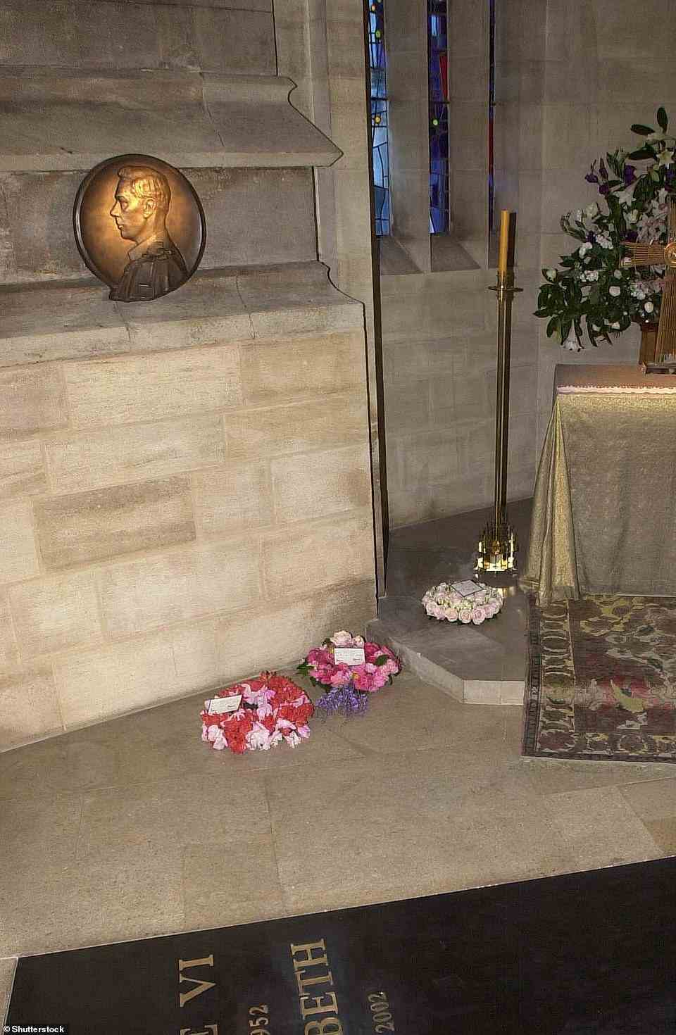 At present, a black stone slab is set into the floor of the King George VI Memorial Chapel. It features the names of George VI and his wife Elizabeth - who died in 2002 - in gold lettering, above the dates of their births and deaths.