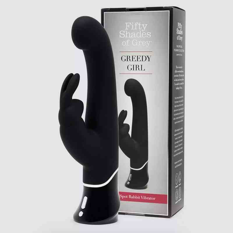 Der schwarze Fifty Shades of Grey Greedy Girl Rabbit Vibrator auf grauem Hintergrund