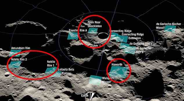 Artemis 3 und Chinas Chang'e-7 identifizieren beide Standorte in der Nähe der Krater Shackleton, Haworth und Nobile als potenzielle Landezonen (oben rot eingekreist).  Diese Überlappungsbereiche beherbergen schattige Krater, die Wassereis einfangen können