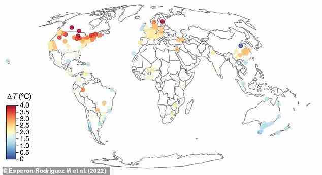 Exposure of 164 cities to predicted changes in mean annual temperature in 2050 relative to baseline mean annual temperature between 1979 and 2013