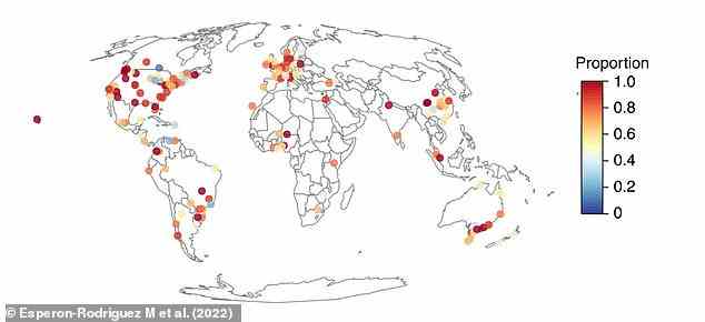 Proportion of species predicted to be at risk from projected changes in mean annual temperature by 2050 in 164 cities. Each point represents the proportion of species at risk in a given city