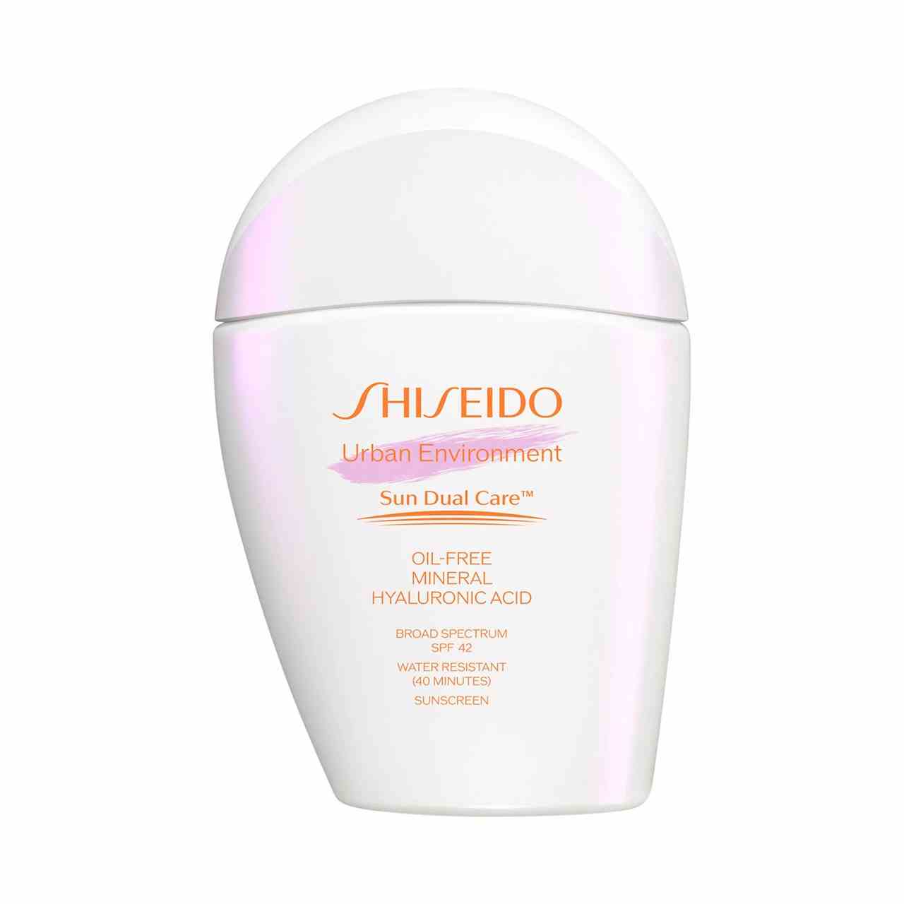 Shiseido Urban Environment Oil-Free Mineral Sunscreen SPF 42 weiße asymmetrische Flasche Sonnenschutz mit orangefarbenem Text auf weißem Hintergrund