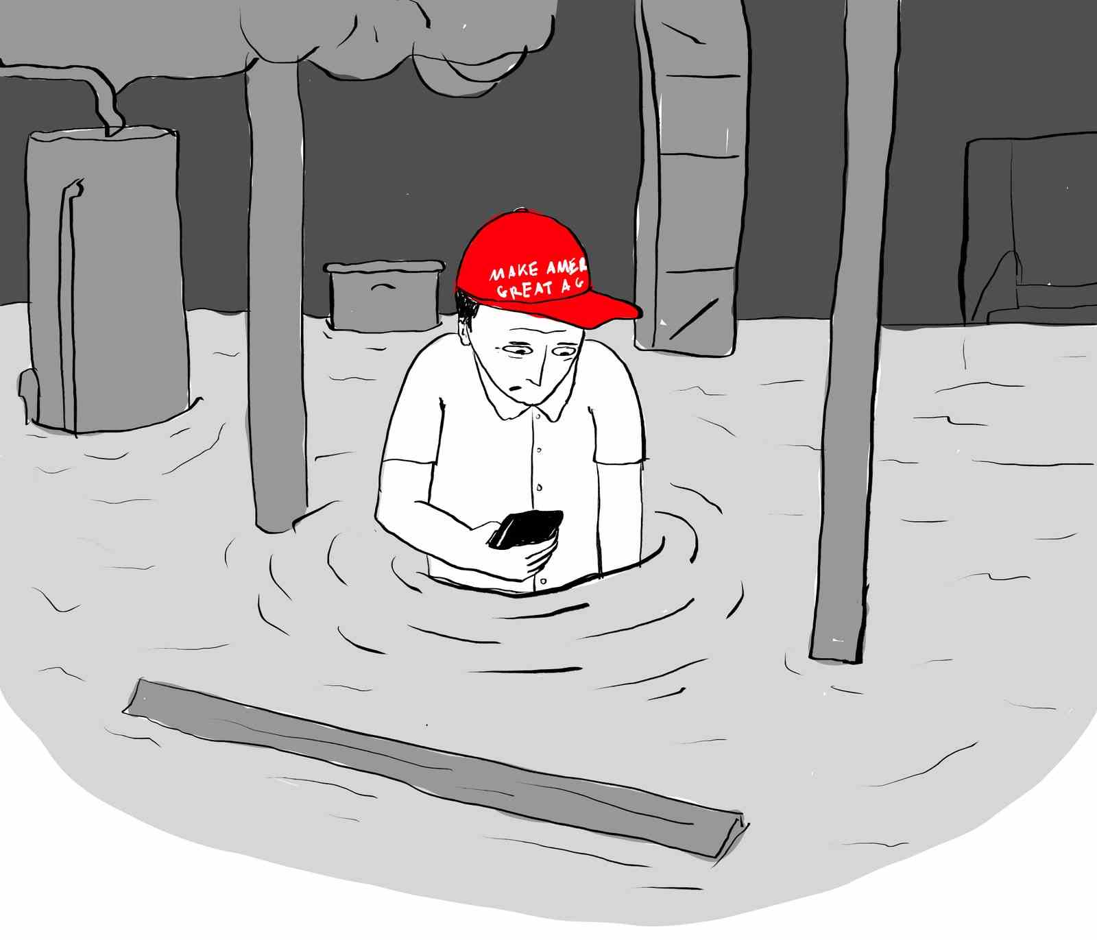Person, die einen „Make America Great Again“-Hut trägt, postet in den sozialen Medien über ihren überfluteten Keller.