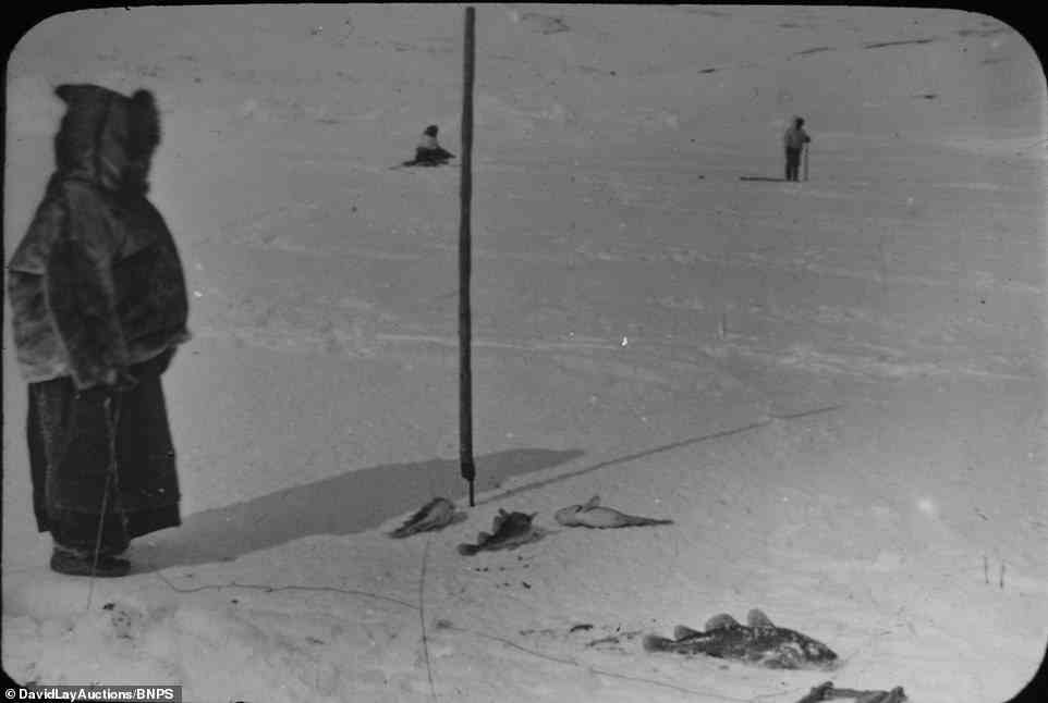 Wrapped up against the cold, Inuits are seen out hunting fish in the sub-zero temperatures in Newfoundland and Labrador during the 19th century