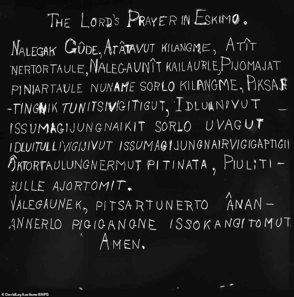 Pictured: The Lord's Prayer in Eskimo, as it was known then. The missionaries who came to spread Christianity to the region spoke Inuktitut