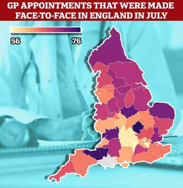 Die Karte zeigt: Der Anteil der Arzttermine, die im Juli in Englands Boards für integrierte Versorgung persönlich vereinbart wurden