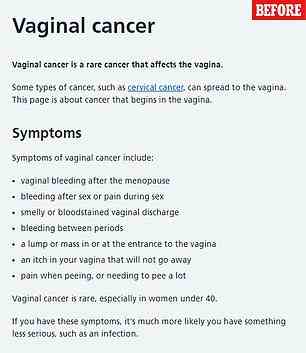 The older version of the page, taken in November 2021 had a line stating that 'vaginal cancer is rare, especially in women under 40'