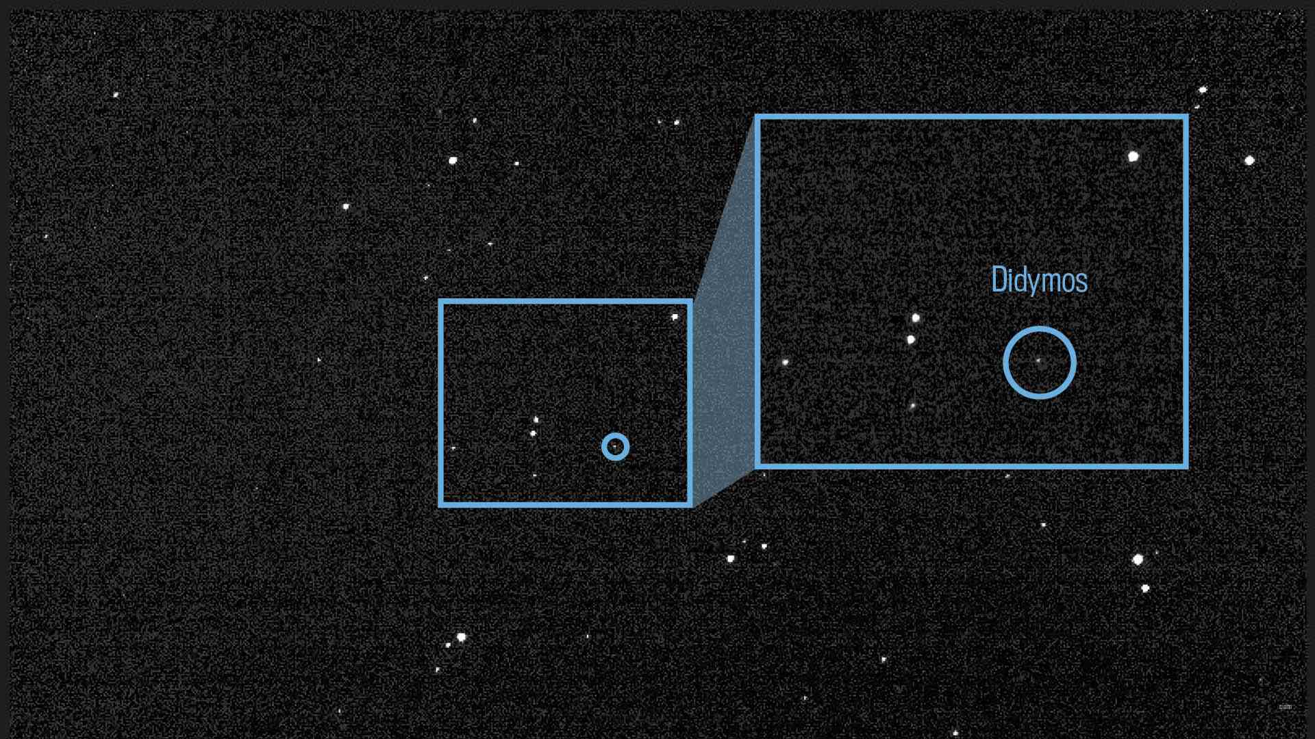 Der Asteroid Didymos und sein kleiner Mond Dimorphos sind in einem zusammengesetzten Bild zu sehen, das am 27. Juli 2022 mit dem DRACO-Instrument von DART aufgenommen wurde.
