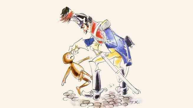 alte Zeichnung von Pinocchio, der von einem Soldaten an der Nase gehalten wird