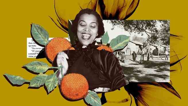 Eine Collage, die ein Foto einer lächelnden Zora Neale Hurston enthält