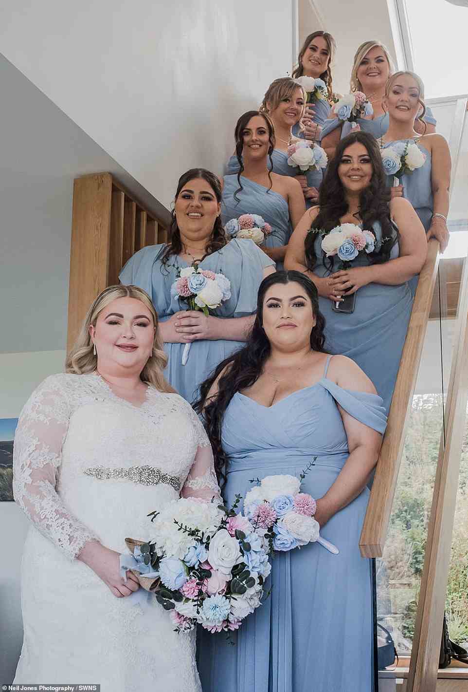 Friends: Kayley (pictured with her bridesmaids) said 'asked the girls, his family and the groomsmen to continue getting ready, because I honestly believed he was going to be there'