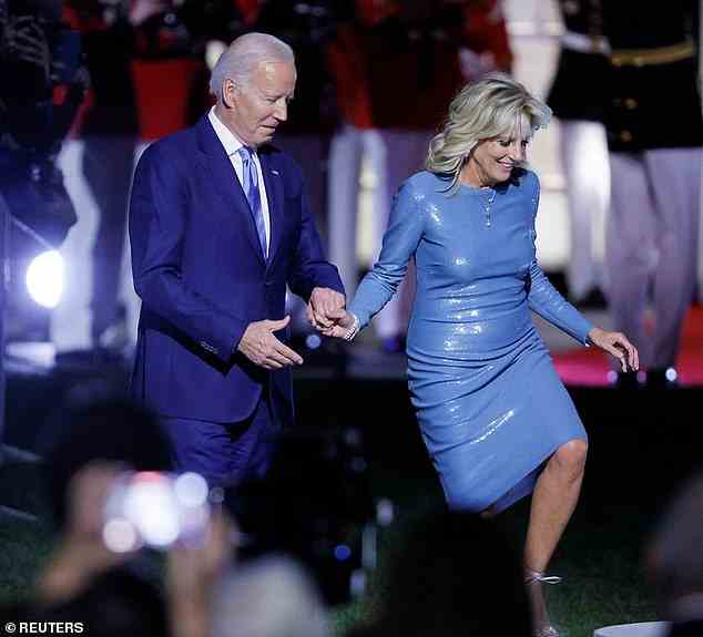 President Joe Biden and First Lady Jill Biden attend a performance by British rocker Elton John at the White House in Washington, DC