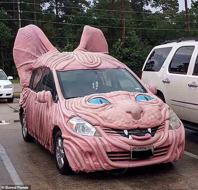 Ein Fahrer in Texas, USA, schien seine Liebe zu Katzen zu zeigen, als sie ihr Auto so dekorierten, dass es wie eine Sphynx-Katze aussah, die in einem beunruhigend fleischigen Rosaton lackiert war