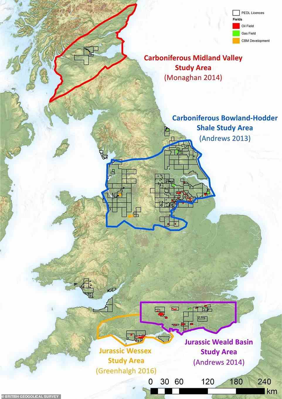 Four areas in the UK have been identified as potentially viable for the commercial extraction of shale gas: the Bowland-Hodder area in Northwest England, the Midland Valley in Scotland, the Weald Basin in Southern England, and the Wessex area in Southern England