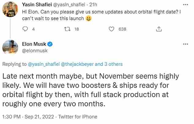 Als Antwort auf eine Frage auf Twitter, wann der erste Orbitalflug von Starship endlich stattfinden könnte, schrieb er: „Vielleicht Ende nächsten Monats, aber November scheint sehr wahrscheinlich.“