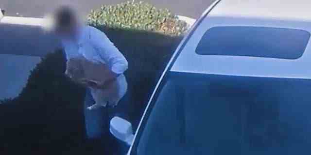 Ein Mann, der später als 38-jähriger Earl Choi identifiziert wurde, wird gesehen, wie er einen Hund aus einem Auto nimmt, das in einem Einkaufszentrum in Irvine, Kalifornien, geparkt ist.