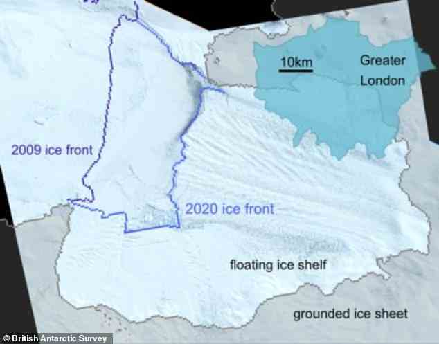 Grafik zeigt, wie sich die Eisfront der Eisfront des Pine-Island-Gletschers von 2009 bis 2020 zurückgezogen hat