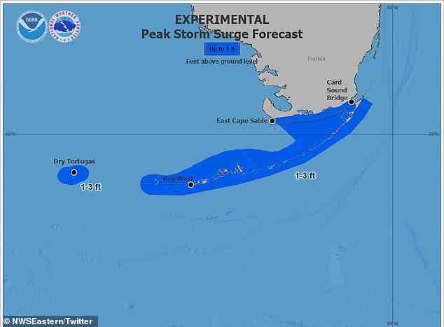Eine Grafik des National Weather Service zeigt potenzielle Sturmfluttiefen in Südflorida und warnt davor, dass sie wahrscheinlich von „großen und zerstörerischen Wellen“ begleitet werden.