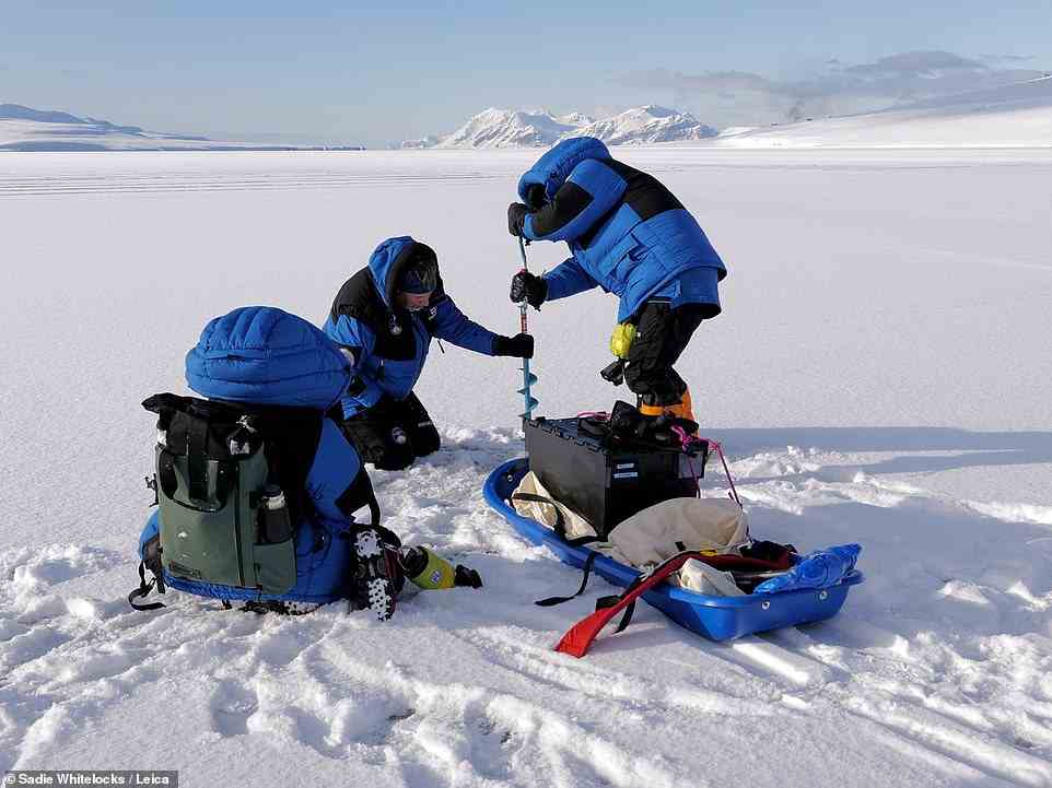 As the team's scientific research was around Arctic sea ice, they ventured toward the frozen coastline to get water samples using a giant drill bit