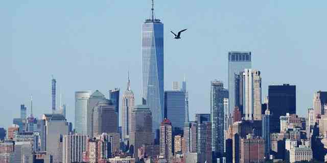 Eine Möwe fliegt am One World Trade Center und dem Empire State Building vorbei, gesehen von der Staten Island Ferry am 4. September 2020 in New York City.