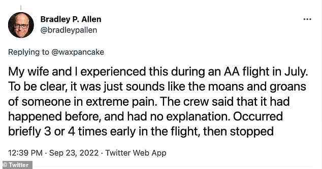 Passagiere auf verschiedenen Flügen sagten, das Geräusch sei ähnlich wie es klingen würde, wenn jemand „extreme Schmerzen“ hätte.