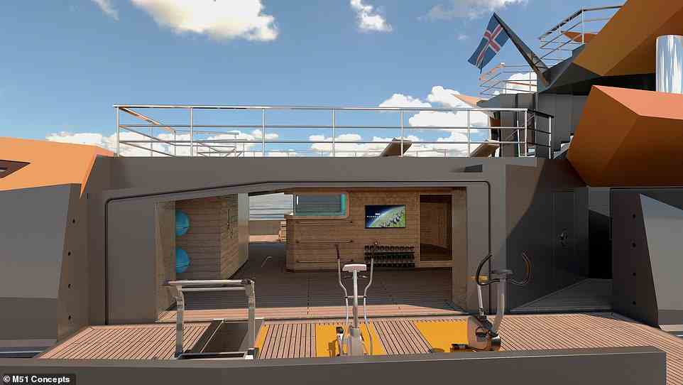 Oben befindet sich das voll ausgestattete Fitnessstudio des Bootes mit angrenzendem Balkon.  Zu den weiteren Annehmlichkeiten an Bord gehören ein Kino und eine Sauna für sechs Personen