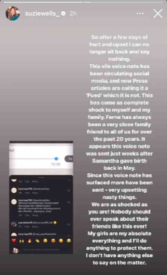 'Shocked': After hearing the first clip, Sam's mum Suzie posted a statement to her Instagram on Wednesday morning, saying: 'Nobody should ever speak about their friends like this'