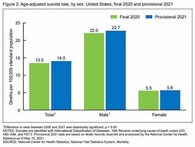 Das Obige zeigt die Anzahl der Selbstmorde in den letzten zwei Jahren als Rate und für die Jahre 2020 (grün) und 2021 (blau)