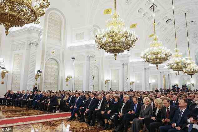 The speech was delivered inside the Kremlin's grand Georgian Hall in front of hundreds of Putin's henchmen, including the likes of Defence Minister Sergei Shoigu, warlord Ramzan Kadyrov, and spy chief Sergey Naryshkin
