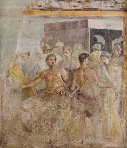 Ein Fresko aus dem ersten Jahrhundert zeigt Briseis (rechts), wie er aus dem Zelt von Achilles (links) geführt wird. 