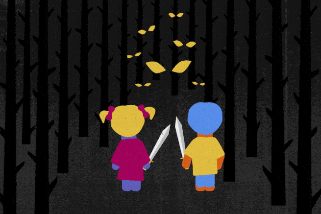 Zwei Kinder mit Schwertern in den Händen stehen vor einem unheimlichen Wald