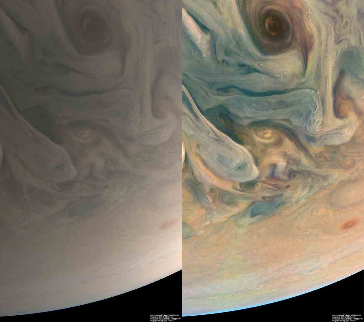 Auf der linken Seite ist eine zarte, beige Version von Jupiter.  Auf der rechten Seite ist das gleiche Bild, außer mit blauen, orangen und gelblichen Farbtönen.