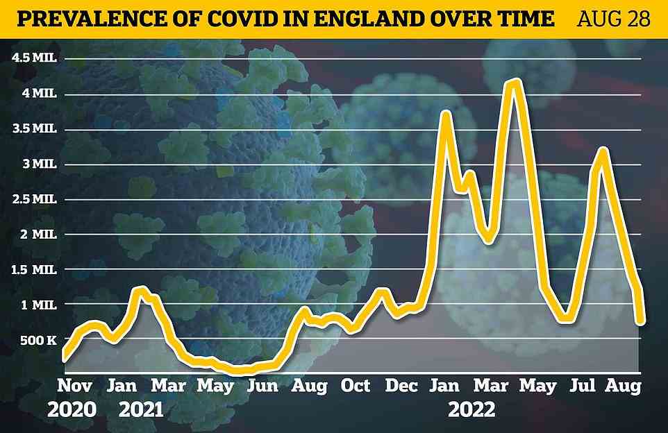Das Office for National Statistics (ONS) schätzt, dass 770.800 Menschen in England an einem beliebigen Tag in der Woche bis zum 28. August das Virus in sich trugen – das entspricht einer von 70 Personen.  Die Zahl, die einen Rückgang von 14 Prozent gegenüber der Vorwoche darstellt, ist die niedrigste seit Mitte September 2021, als die Infektionen vor einer Herbstwelle auf 660.000 zurückgingen