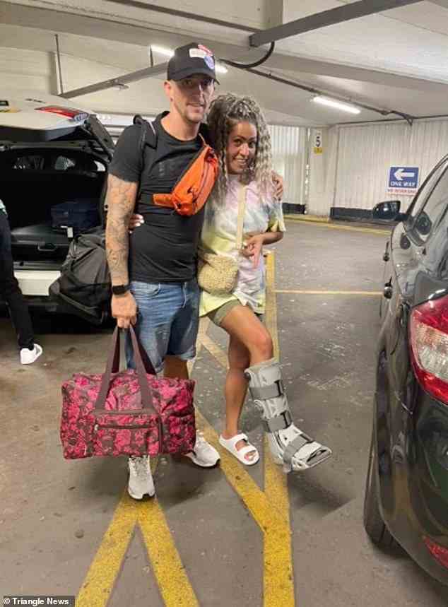 Charlotte Rees, 32, slipped on a protective boot to trick staff as she flew from Manchester to Majorca with her fiancé Paul Brown, 33