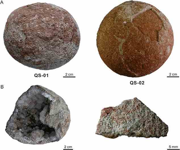 In Ostchina wurden zwei neue Dinosauriereier aus der Kreidezeit entdeckt.  Oben (A) zeigt die beiden Eier mit den Namen QS-01 und QS-02.  QS-01 wird als „unvollständig“ beschrieben, weil es zerbrochen ist und Calcitkristalle freigelegt hat.  Unten (B) zeigt die innere und äußere Oberfläche von QS-01