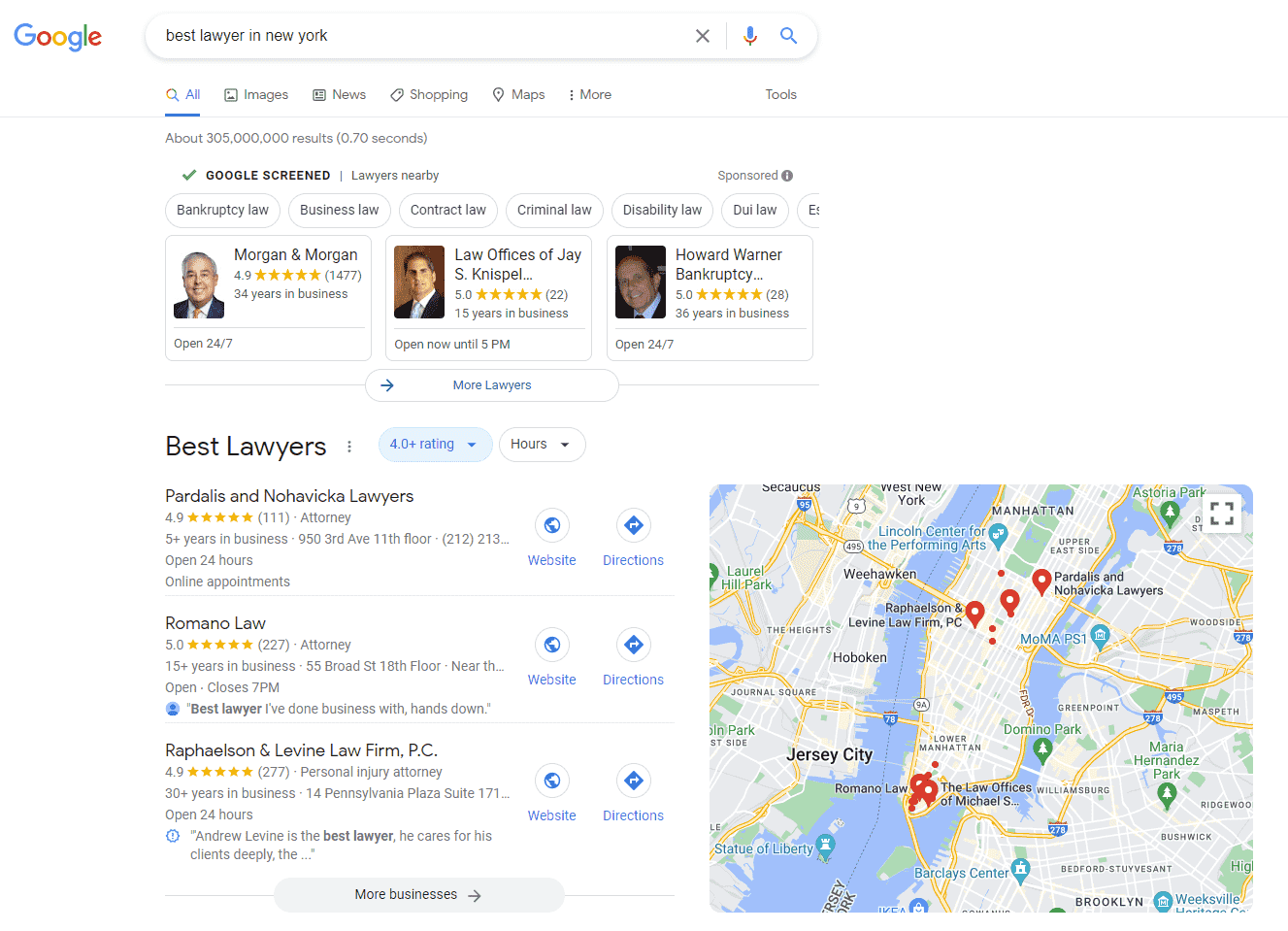 Ein Screenshot einer Google-Suche nach [best lawyer in new york]mit Brancheneinträgen in speziellen Funktionen wie dem Local Pack