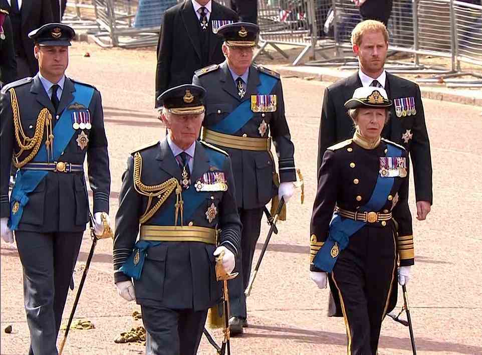 Princess Anne (centre) joined other members of the royal family as they followed the Queen's coffin as it travelled from Buckingham Palace to Westminster Hall (pictured L-R: Prince William, King Charles, and Prince Harry)