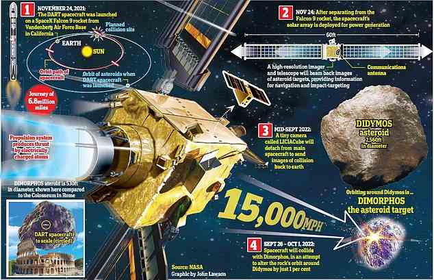 Brace for impact: NASA's first ever 'planetary defence' spacecraft - sent to deflect an asteroid 6.8 million miles from Earth – is set to hit its target on Monday, September 26. The graphic above shows how the mission will work